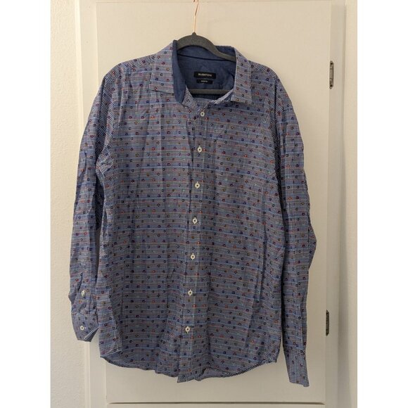 Bugatchi Mens Classic Fit Blue Gingham Shirt With Floral Pattern 100% Cotton Siz - Picture 1 of 7